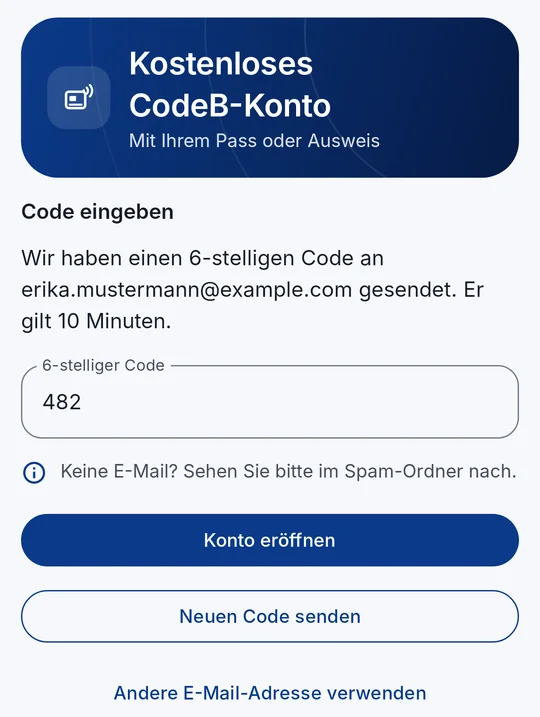6-stelligen Code aus der E-Mail eingeben – „Konto eröffnen“