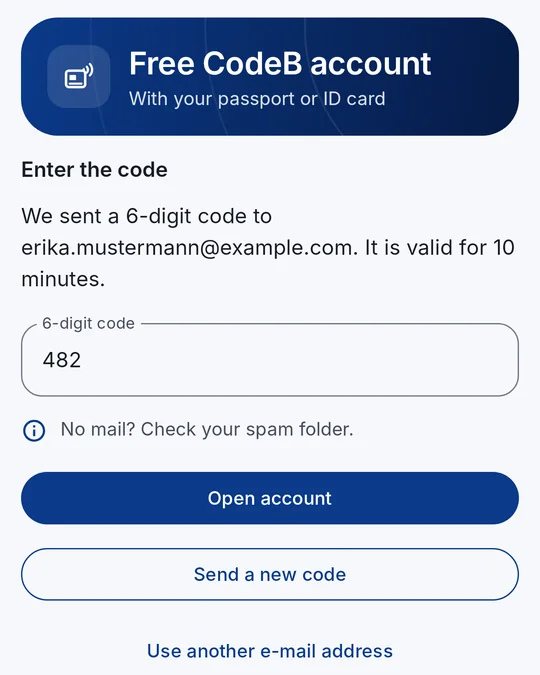 Enter the 6-digit code from the e-mail – “Open account”