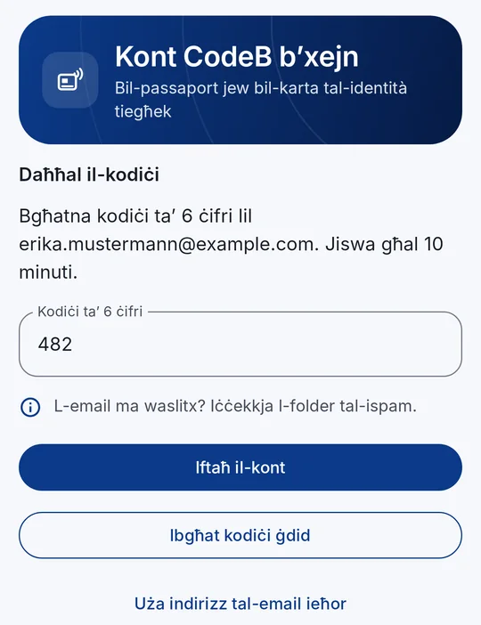Daħħal il-kodiċi ta’ 6 ċifri mill-email – “Iftaħ il-kont”