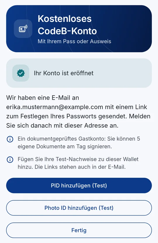 „Ihr Konto ist eröffnet“ – Test-PID und Photo ID hinzufügen