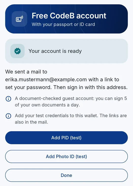 “Your account is ready” – add the test PID and Photo ID