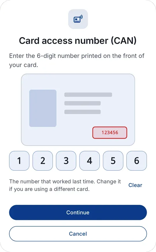 CodeB Wallet : boîte de dialogue du numéro d’accès à la carte (CAN)