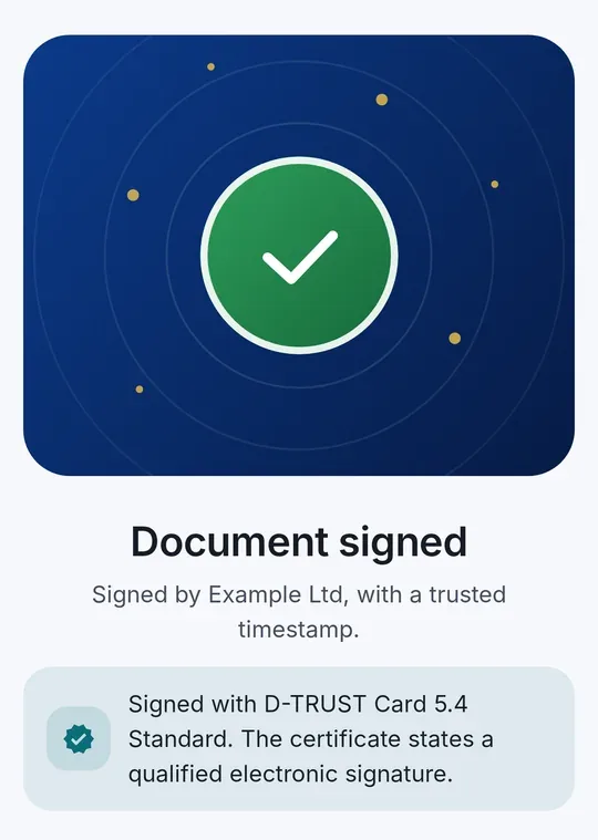 CodeB Wallet : « Document signé – Signé avec D-TRUST Card 5.4 Standard. Le certificat mentionne une signature électronique qualifiée. »