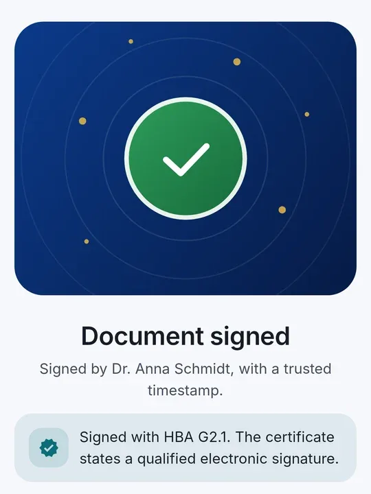 CodeB Wallet : « Document signé – Signé avec HBA G2.1. Le certificat mentionne une signature électronique qualifiée. »