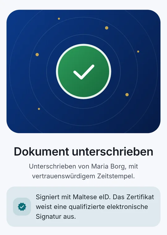 CodeB Wallet: „Dokument unterschrieben – Signiert mit maltesischer eID. Das Zertifikat weist eine qualifizierte elektronische Signatur aus.“