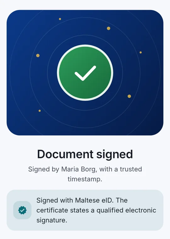CodeB Wallet: “Document signed – Signed with Maltese eID. The certificate states a qualified electronic signature.”