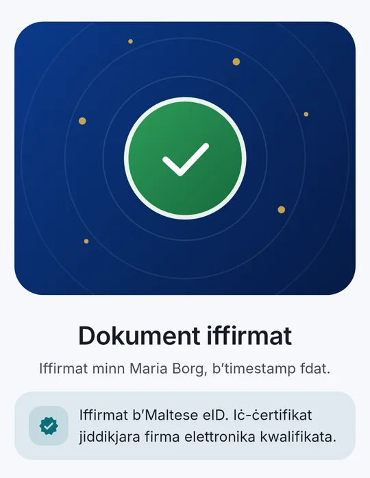 CodeB Wallet: “Dokument iffirmat – Iffirmat bl-eID Maltija. Iċ-ċertifikat jiddikjara firma elettronika kwalifikata.”
