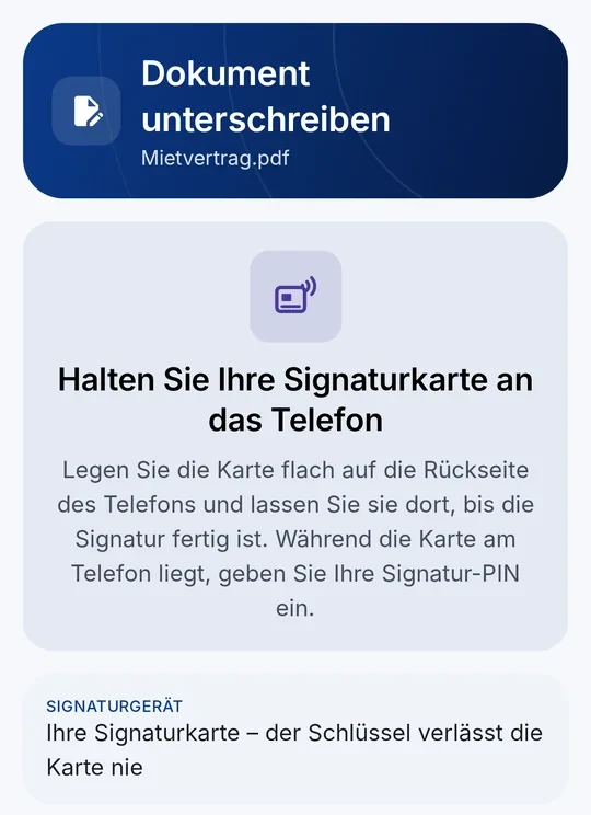 CodeB Wallet: „Halten Sie Ihre Signaturkarte an das Telefon“