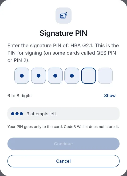 CodeB Wallet : « Code PIN de signature » pour la HBA G2.1