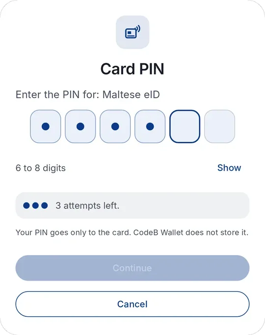 CodeB Wallet : saisie du code PIN pour l’eID maltaise