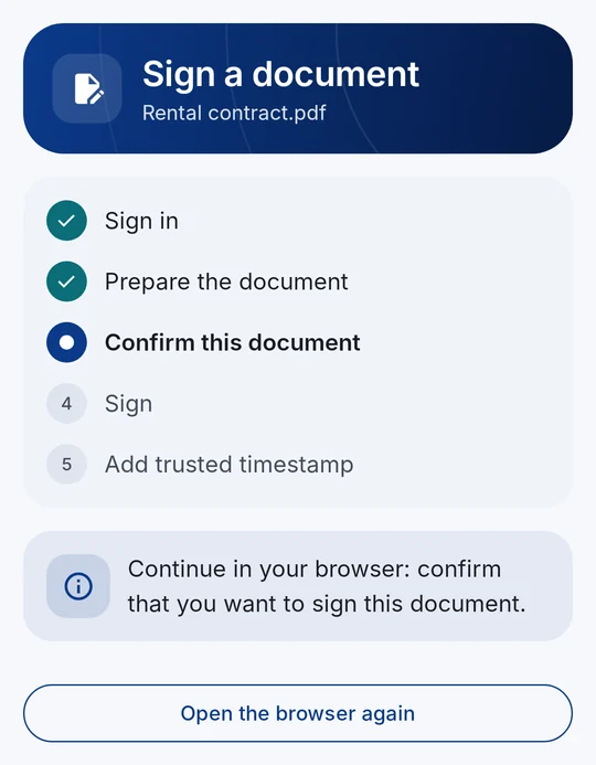 Signing progress with the CodeB signing service: sign in, prepare, confirm this document, sign, add trusted timestamp