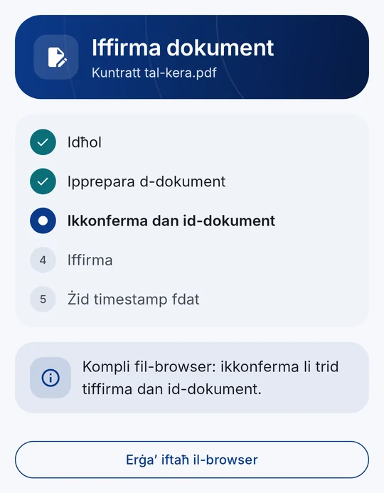 Il-progress bis-servizz tal-firma ta’ CodeB: idħol, ipprepara, ikkonferma dan id-dokument, iffirma, żid timestamp fdat