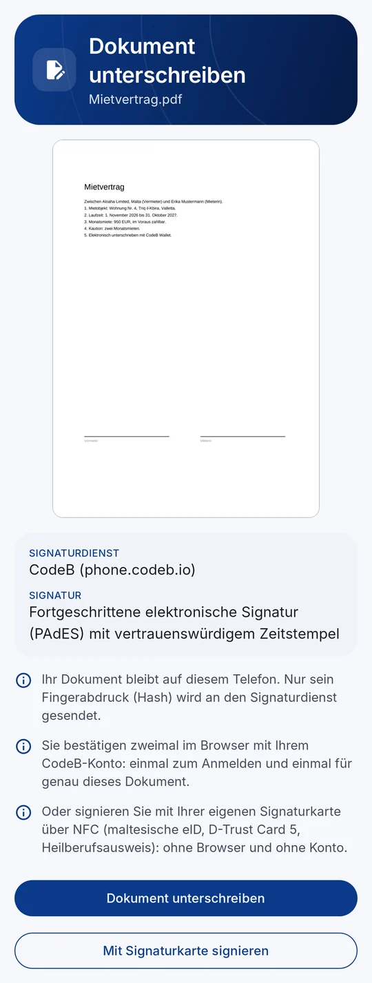 Prüfansicht: Vorschau des PDFs, Signaturdienst und Art der Signatur, mit den Schaltflächen „Dokument unterschreiben“ und „Mit Signaturkarte signieren“