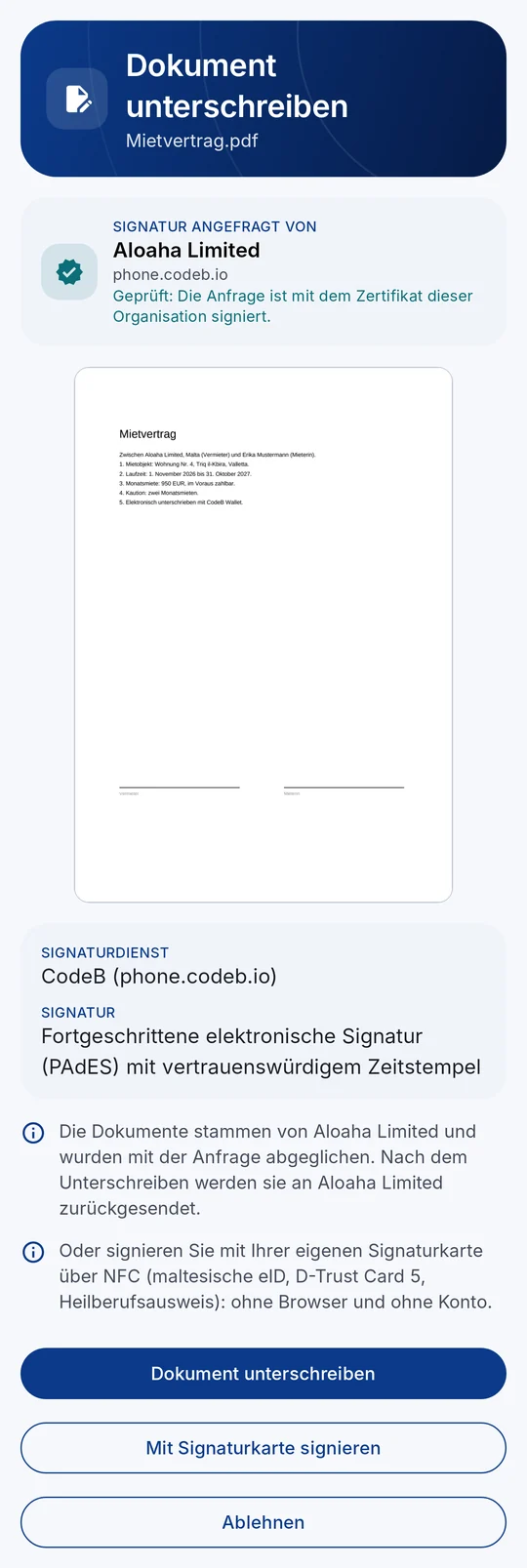 Signaturanfrage in der CodeB Wallet: wer anfragt (geprüft), das Dokument und die Schaltflächen „Dokument unterschreiben“, „Mit Signaturkarte signieren“ und „Ablehnen“