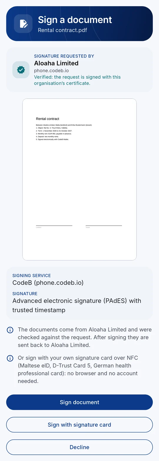 Signing request in CodeB Wallet: who asks (verified), the document, and the buttons “Sign document”, “Sign with signature card” and “Decline”