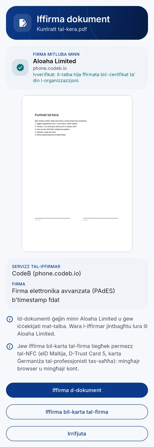 Talba għall-firma f’CodeB Wallet: min qed jitlob (ivverifikat), id-dokument, u l-buttuni “Iffirma d-dokument”, “Iffirma bil-karta tal-firma” u “Irrifjuta”