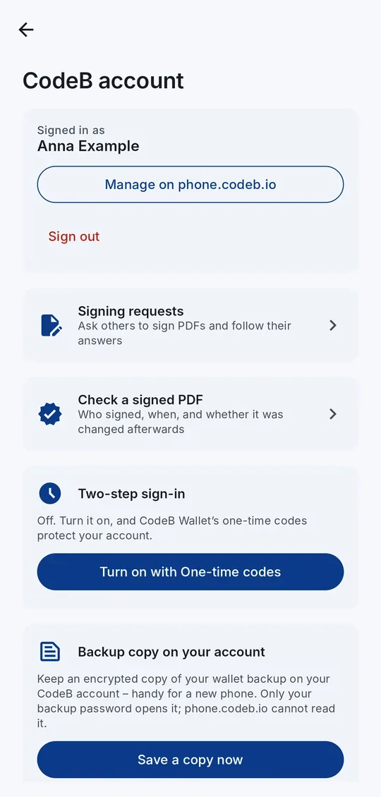 L’écran du compte CodeB : connecté, avec les demandes de signature, la vérification de signature, la connexion en deux étapes, la copie de sauvegarde et la carte de membre