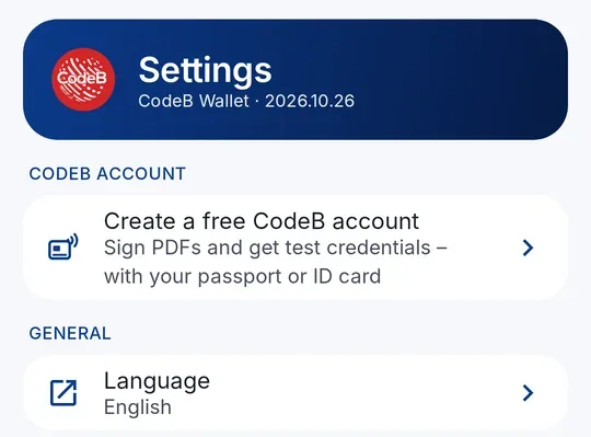 Paramètres – section « Compte CodeB » avec « Créer un compte CodeB gratuit »