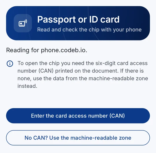 Choisissez : numéro d’accès à la carte (CAN) ou zone de lecture automatique