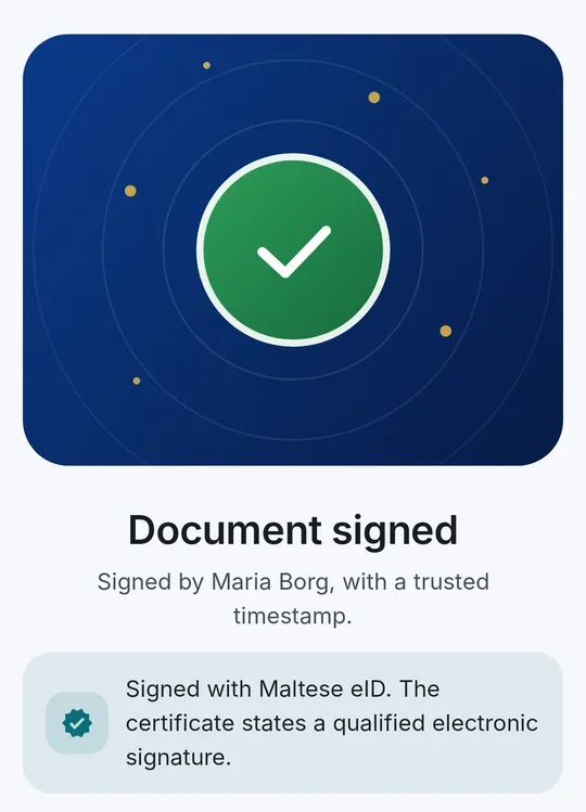 « Document signé – Signé avec l’eID maltaise. Le certificat indique une signature électronique qualifiée. »
