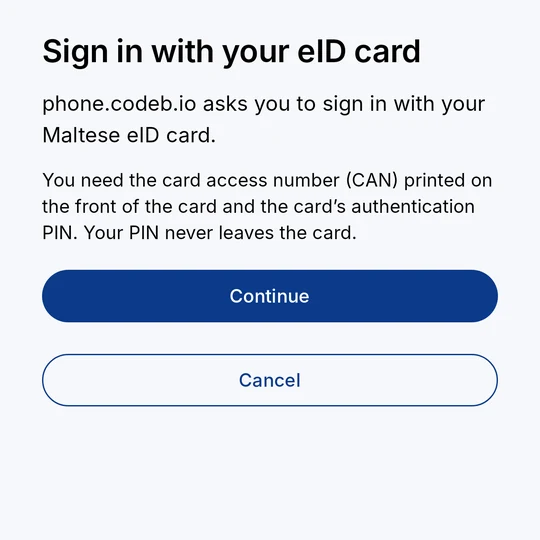 « Se connecter avec votre carte eID » : phone.codeb.io vous demande de vous connecter – ce dont vous avez besoin, Continuer