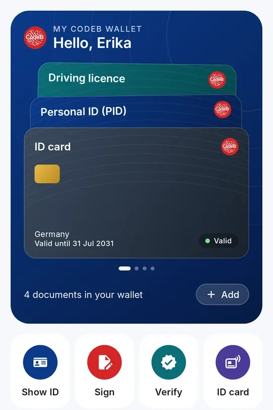 Écran d’accueil avec une carte d’identité enregistrée devant les cartes du portefeuille