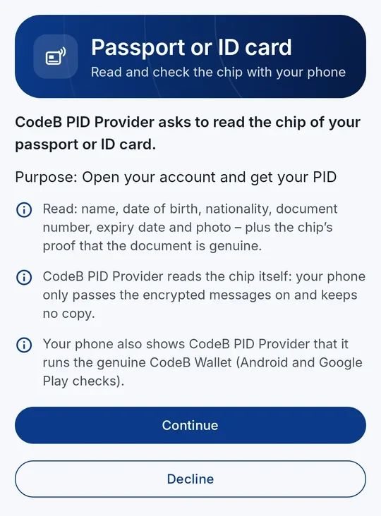 CodeB Wallet shows who is asking and what will be read