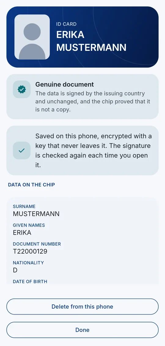 The result: genuine, issuing country and the chip data