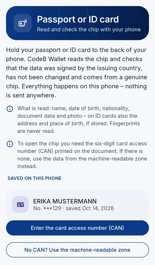 Opening the chip with the card access number (CAN) or the machine-readable zone (MRZ)