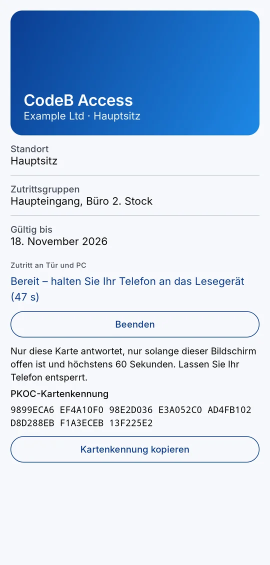 Die Zutrittskarte, bereit für den Leser