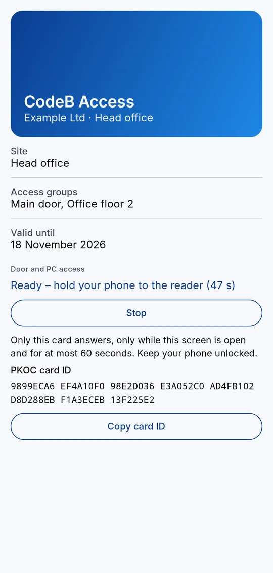 The access card while it is ready for the reader