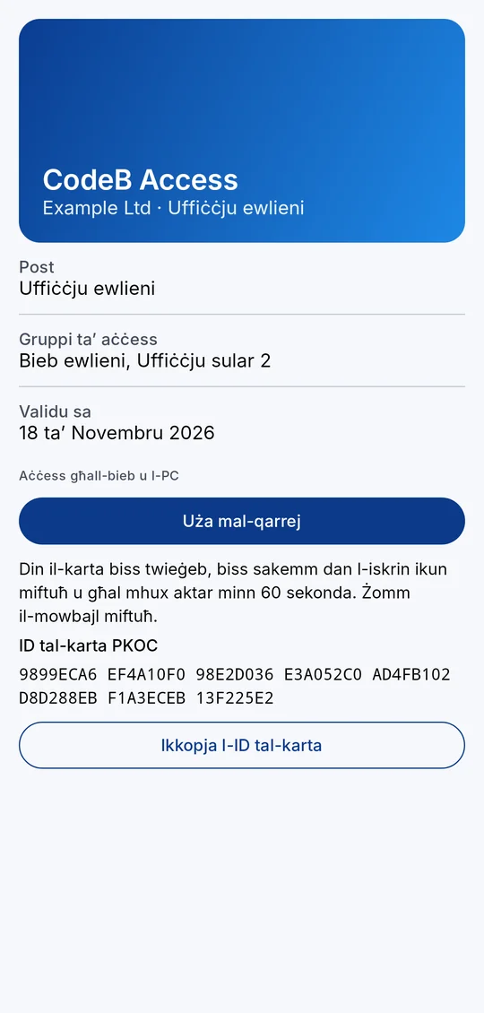 Il-karta tal-aċċess f’CodeB Wallet