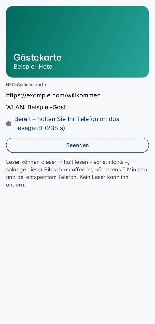 Die Karte ist bereit für den Leser, mit Countdown und „Beenden“