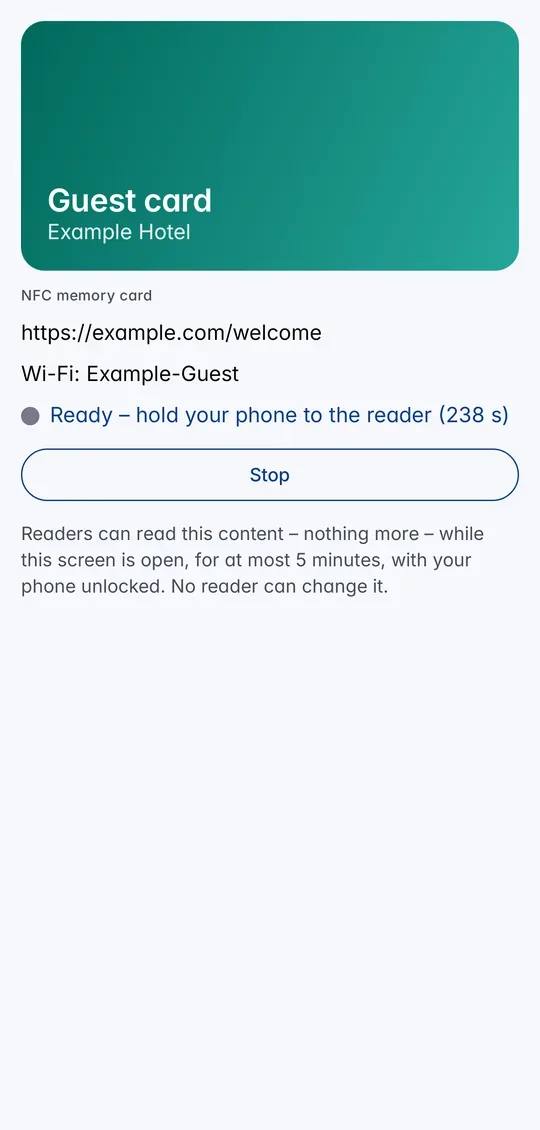 The card is ready: hold the phone to the reader, with a countdown and Stop