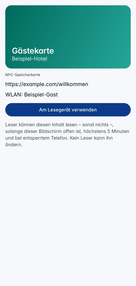 Die nur lesbare NFC-Speicherkarte mit Inhalt und „Am Lesegerät verwenden“