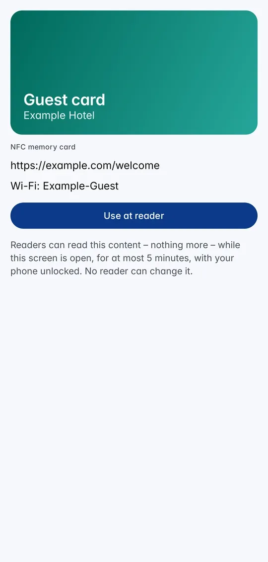 The read-only NFC memory card with its content and Use at reader