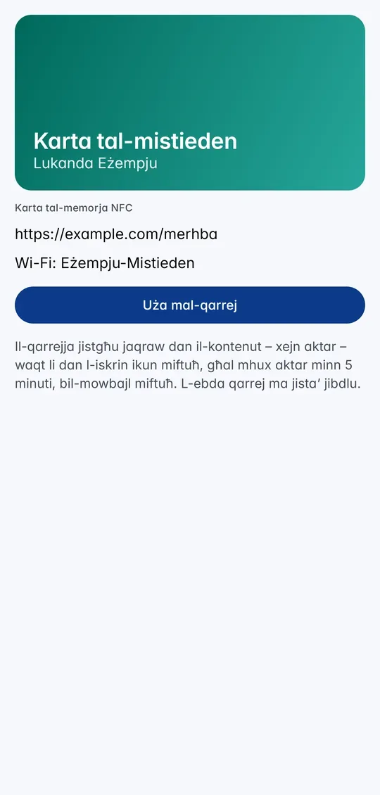 Il-karta tal-memorja NFC għall-qari biss bil-kontenut tagħha u Uża mal-qarrej