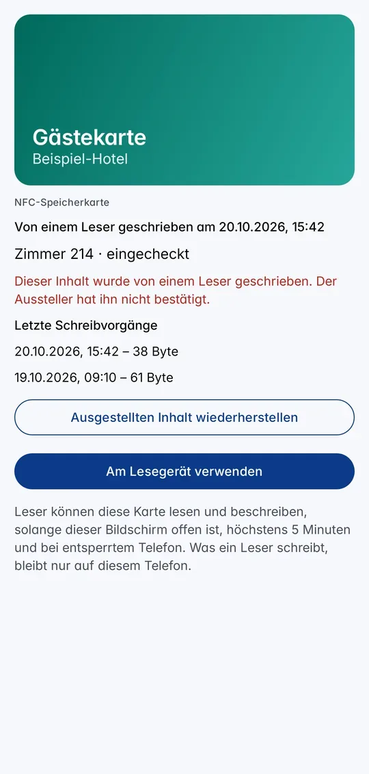 Eine beschreibbare NFC-Speicherkarte nach einem Schreibvorgang: Inhalt, letzte Schreibvorgänge und Wiederherstellen