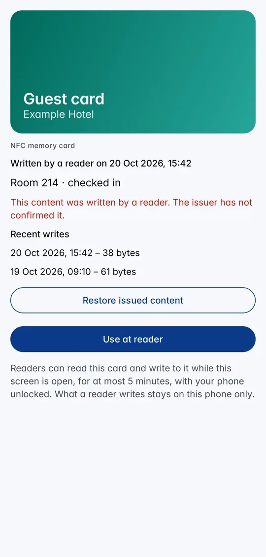 A writable NFC memory card after a write: written content, recent writes and Restore issued content