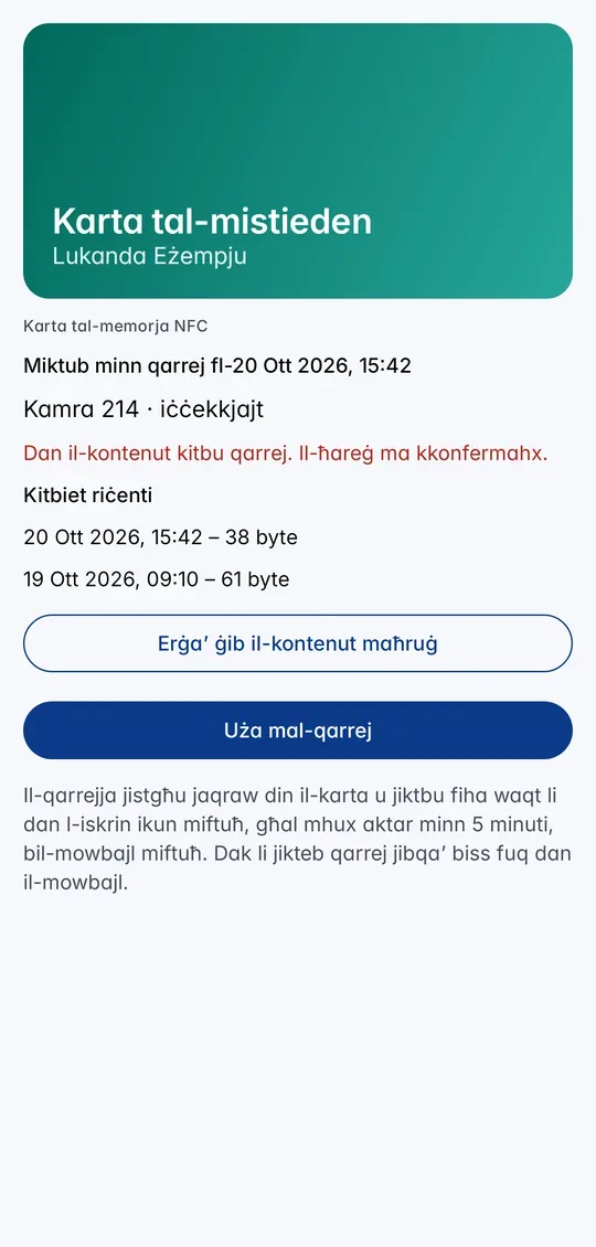 Karta tal-memorja NFC li tinkiteb wara kitba: il-kontenut, il-kitbiet riċenti u r-restawr