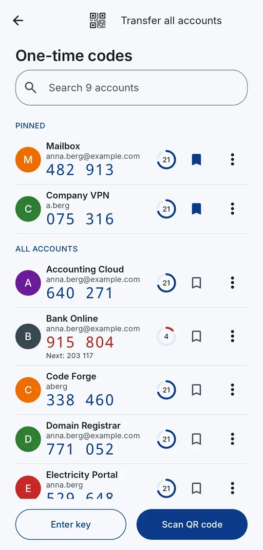 The list of one-time code accounts