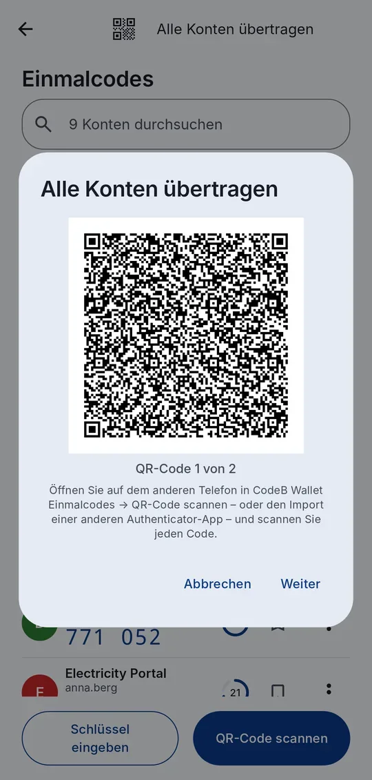 Alle Konten als QR-Codes übertragen