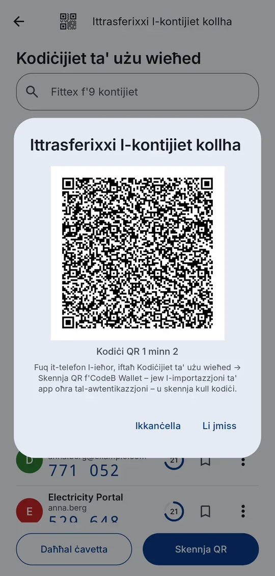 Ittrasferixxi l-kontijiet kollha bħala kodiċijiet QR