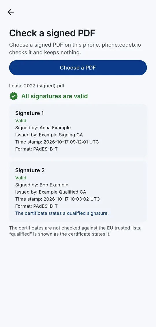Vérification des signatures d’un PDF : chaque signature avec signataire, heure et format