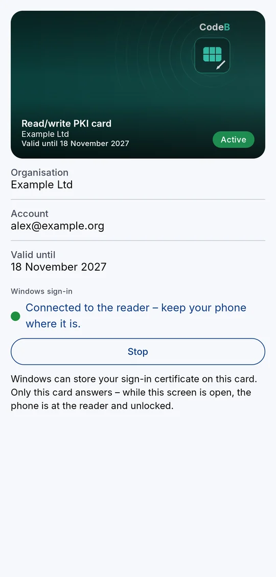 The card screen while the phone is at the PC’s reader