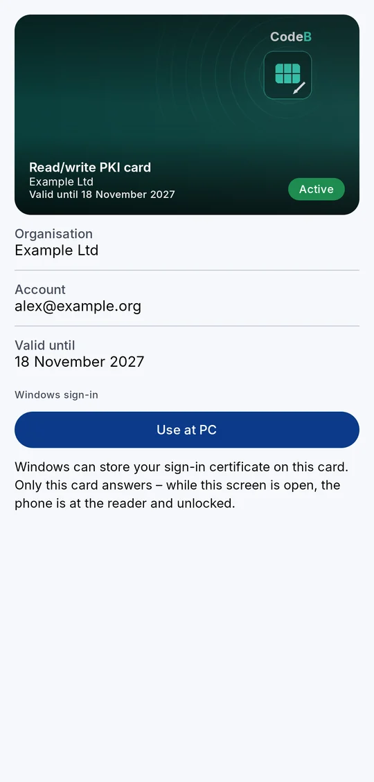 The PKI card in CodeB Wallet