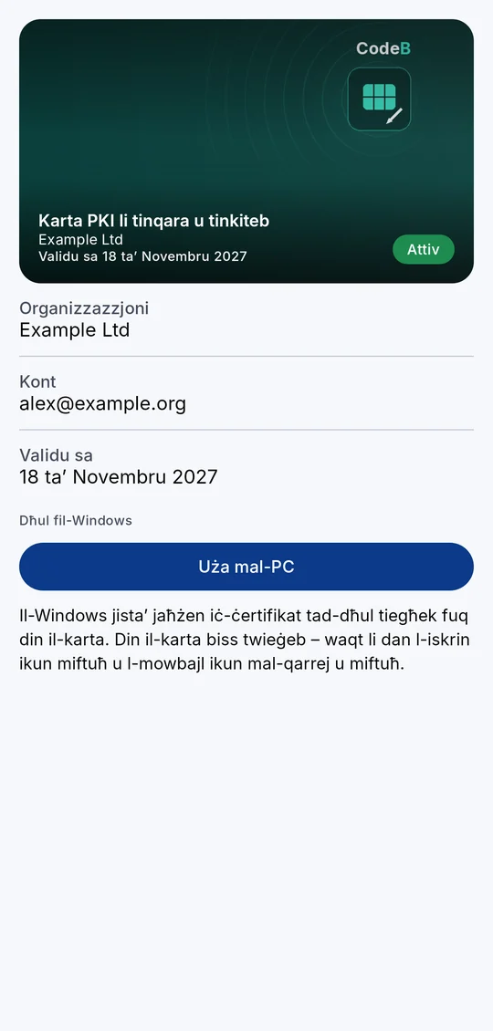 Il-karta PKI f’CodeB Wallet