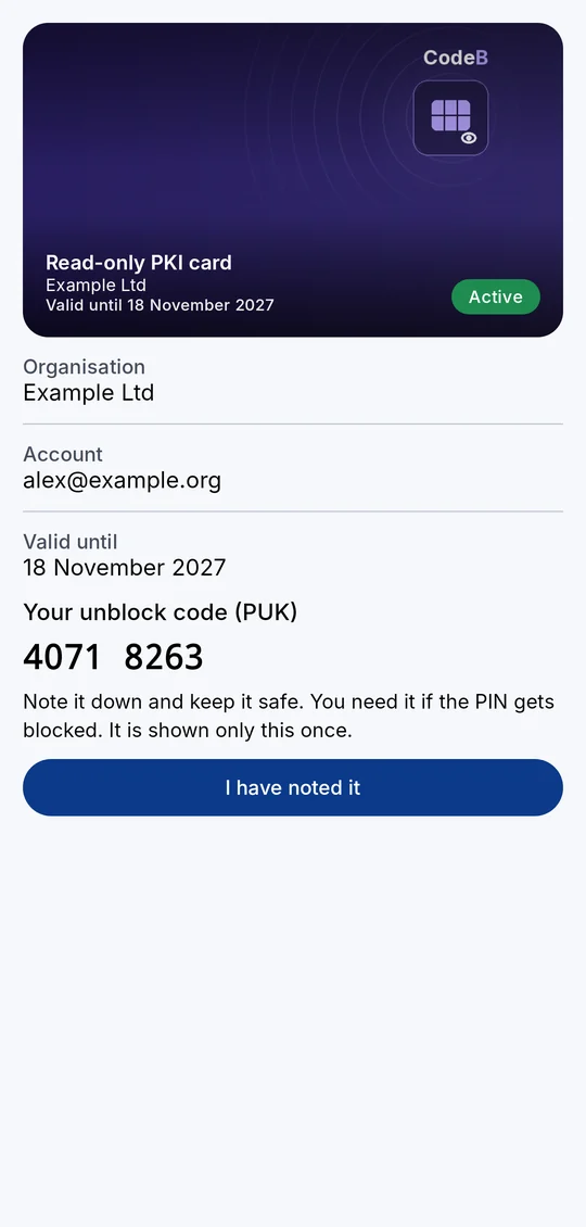 Le code de déblocage (PUK) d’une carte PKI en lecture seule, affiché une seule fois (numéro d’exemple)