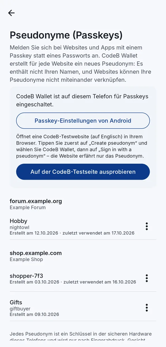 Der Bildschirm Pseudonyme: CodeB Wallet für Passkeys eingeschaltet, Pseudonyme nach Website