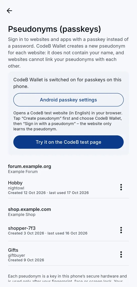 The Pseudonyms screen: CodeB Wallet switched on for passkeys, pseudonyms listed by website